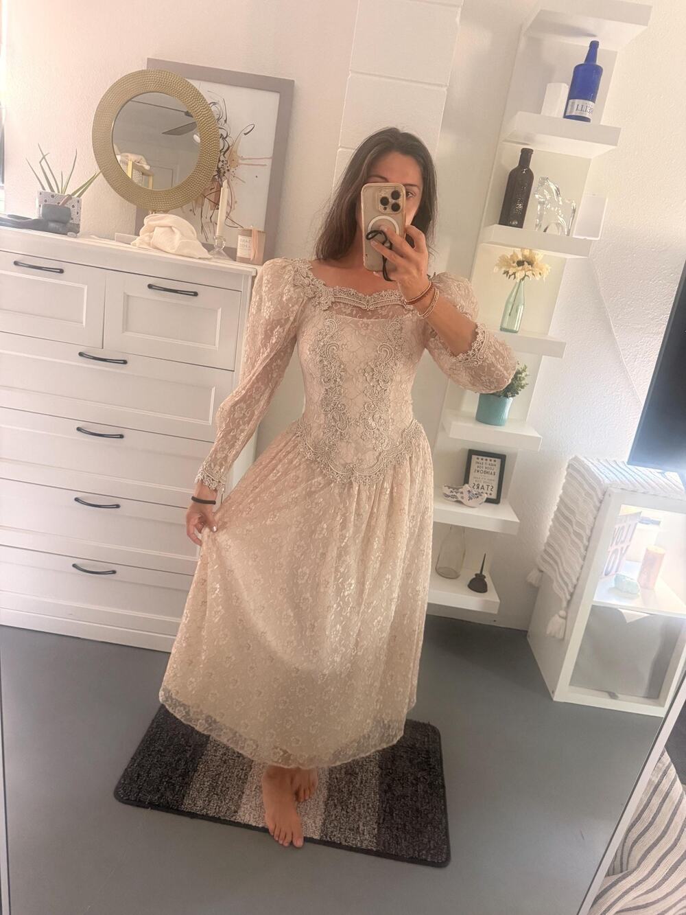 Vintage 1980s Cachet by Bari Protas ivory lace romantic Victorian dress gown